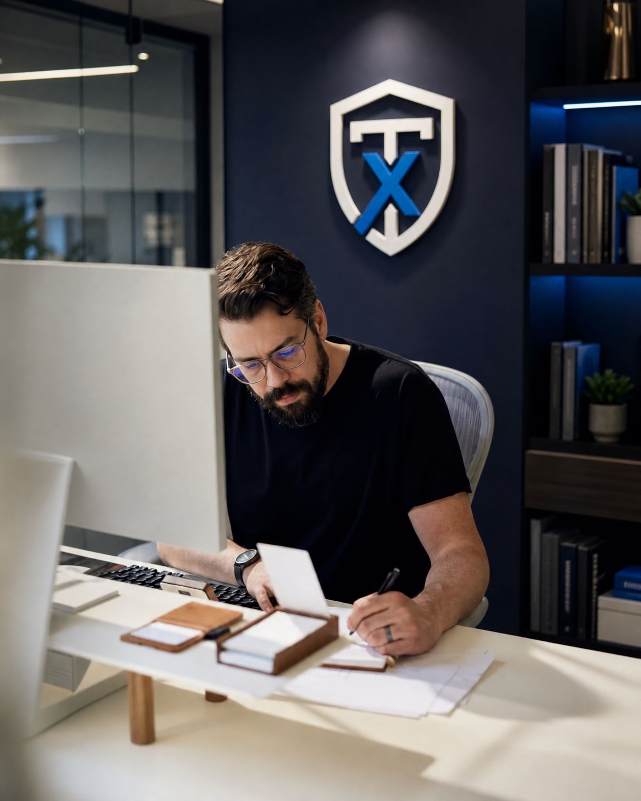 Danilo Bonfim, fundador e CRO da Traction X, trabalhando no escritório